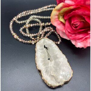 Geode Quartz Crystal Slice Stone Pendant Necklace Crystal Bead Chain 28" Chain